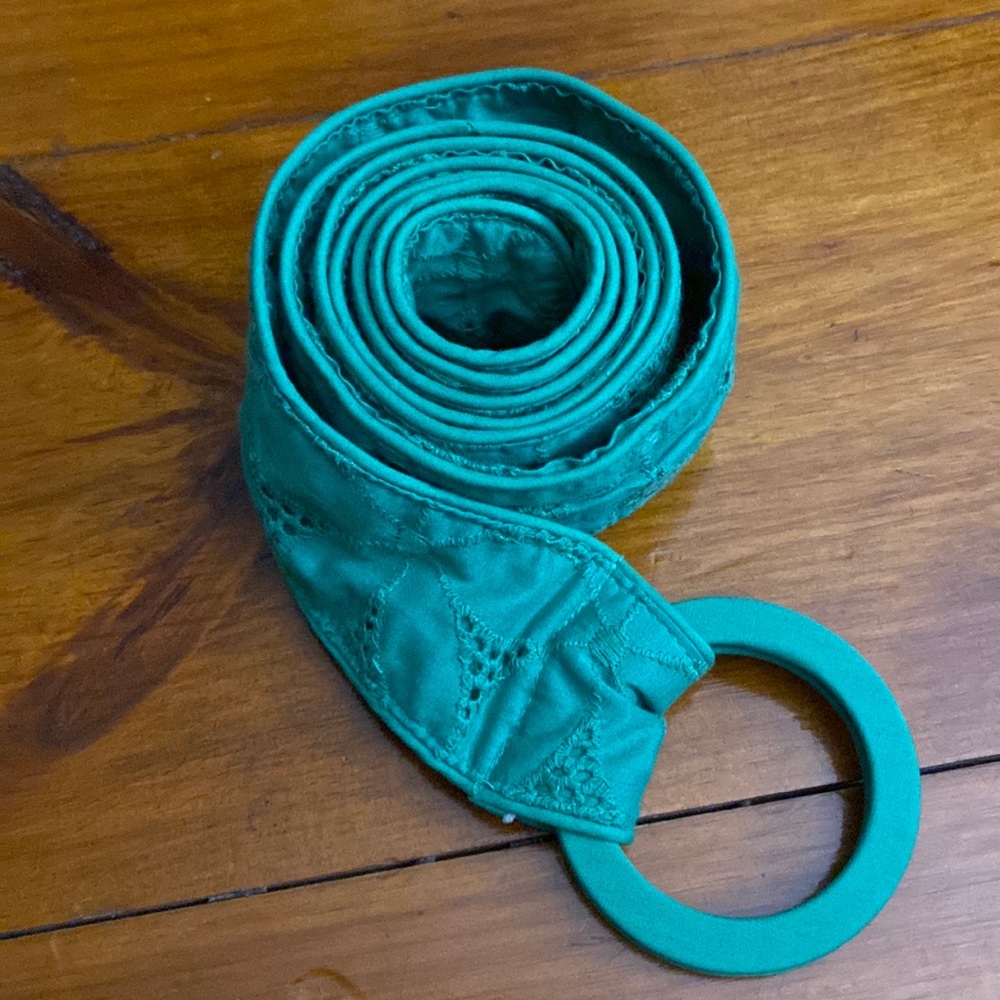Teal cloth belt with matching fabric colored d-rings